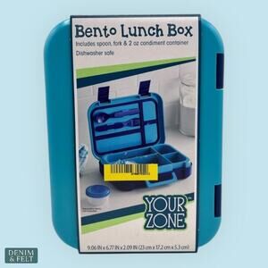 Your Zone Blue Bento Lunch Box with Utensils Condiment Container Dishwasher Safe